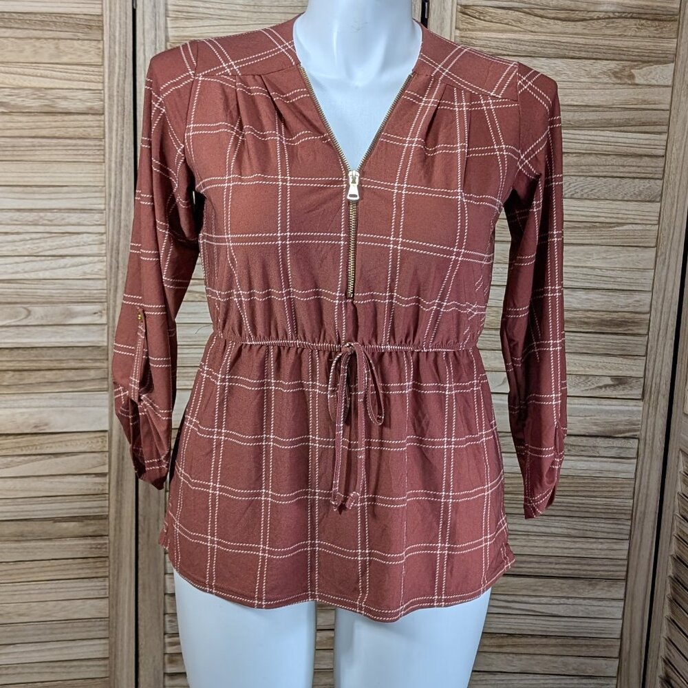 Coco And Shay Blouse Rust/White Plaid Gold Zip-Up Gathered Waist Size Medium
